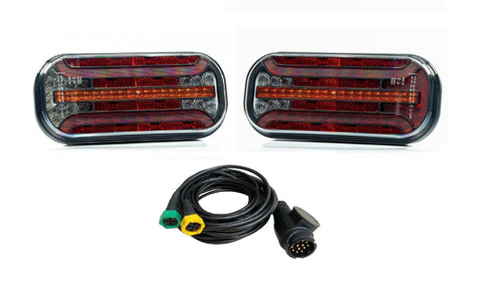 Комплект LED стопове с динамичен мигач + букси и окабеляване, ляв и десен, 7 функции, Е-Мark, 12V-24V