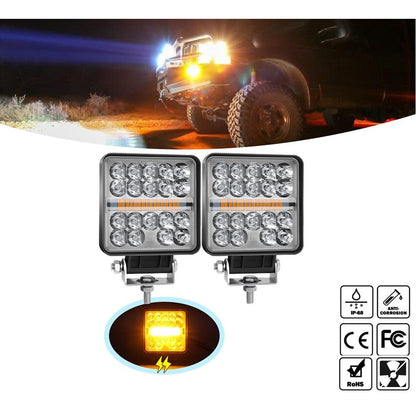 Комплект 2бр квадратен 4” (10см) LED халоген с комбинирана светлина - бяла + оранжева блиц светлина, 45W 12V/24V